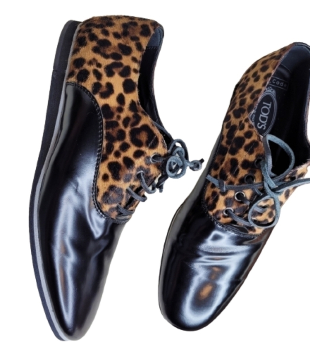 Tod's Leather Calf Hair Leopard Oxford Shoes